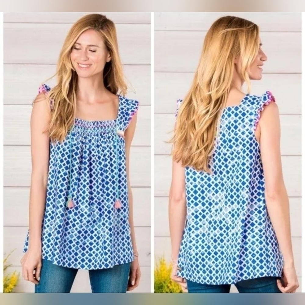 Matilda Jane Blue Wandering Waters Smocked Top Sz L SUPER CUTE!
